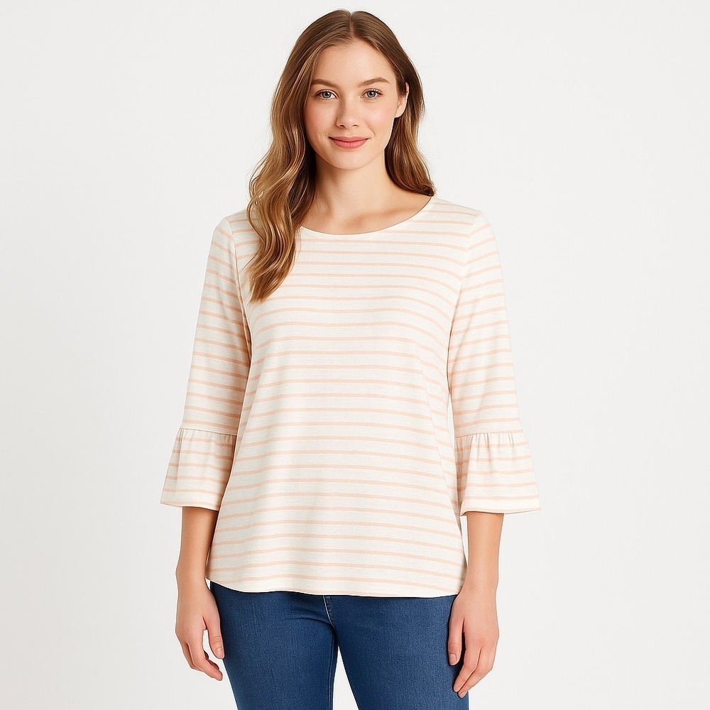 CREMIEUX Women’s PEACH & Cream Striped Bell Sleeve Top Size M
